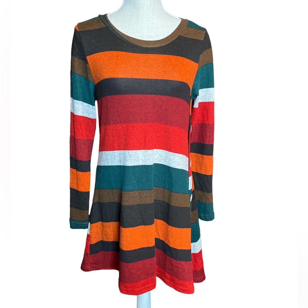 iGenjun Long Sleeve Green, Red, Orange Striped Sweater Mini Dress